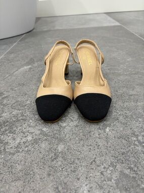 Two-Tone Beige and Black Slingback Mules